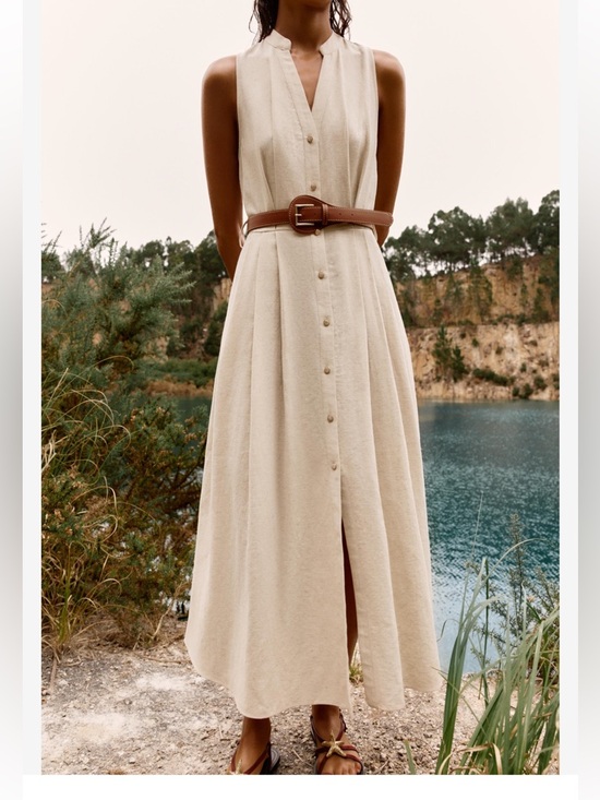 NWT Zara Belted Linen Blend Midi Dress in Tan size L - Picture 3 of 17